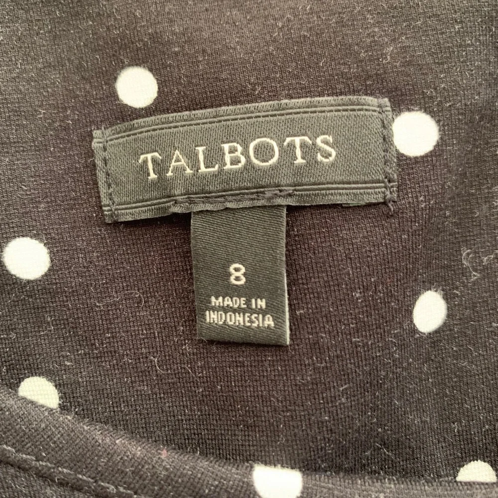 Talbots Polka Dot Dress 8 Black White Bell Sleeve Scalloped Hem Sheath Classic